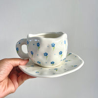 Handmade clay mug - Blue flower with saucer Mugs Morandi Homeware