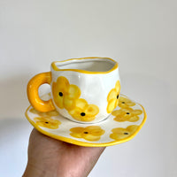 Handmade Clay Mug - Yellow petals with saucer Mugs Morandi Homeware