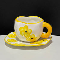 Handmade Clay Mug - Yellow petals with saucer Mugs Morandi Homeware