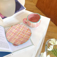 Handmade Clay Mug - Pink checker with plate Mugs Morandi Homeware