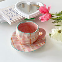 Handmade Clay Mug - Pink checker with plate Mugs Morandi Homeware