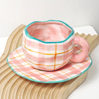 Handmade Clay Mug - Pink checker with plate Mugs Morandi Homeware