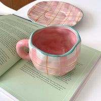 Handmade Clay Mug - Pink checker with plate Mugs Morandi Homeware
