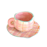 Handmade Clay Mug - Pink checker with plate Mugs Morandi Homeware