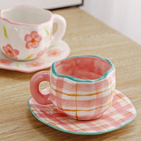 Handmade Clay Mug - Pink checker with plate Mugs Morandi Homeware