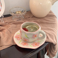 Handmade Clay Mug - Pink petals with plate Mugs Morandi Homeware