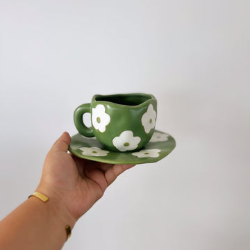 Handmade clay mug - Green petals with plate Mugs Morandi Homeware 