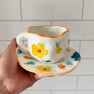 Handmade Clay Mug - Orange Petals with Plate Mugs Morandi Homeware 