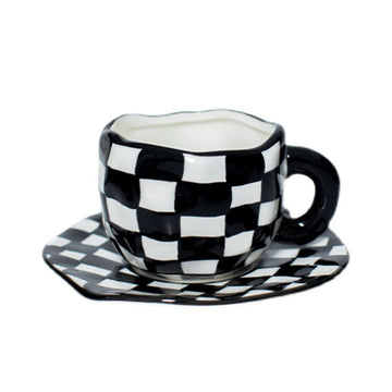 Handmade Clay Mug - Black checker with plate Mugs Morandi Homeware 