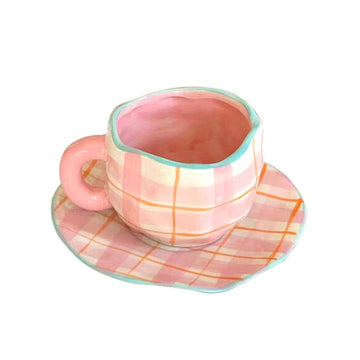 Handmade Clay Mug - Pink checker with plate Mugs Morandi Homeware 