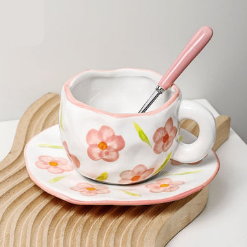 Handmade Clay Mug - Pink petals with plate Mugs Morandi Homeware 