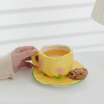 Handmade Clay Mug - Yellow tulip with plate Mugs Morandi Homeware 