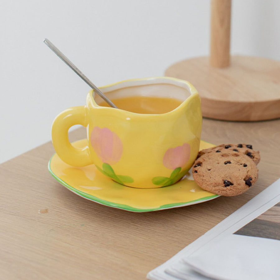 Handmade Clay Mug - Yellow tulip with plate Mugs Morandi Homeware 